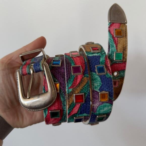 other Accessories - Vintage 80s 90s Multi Color Rainbow Gem Stone Leather Belt 2X Western Boho